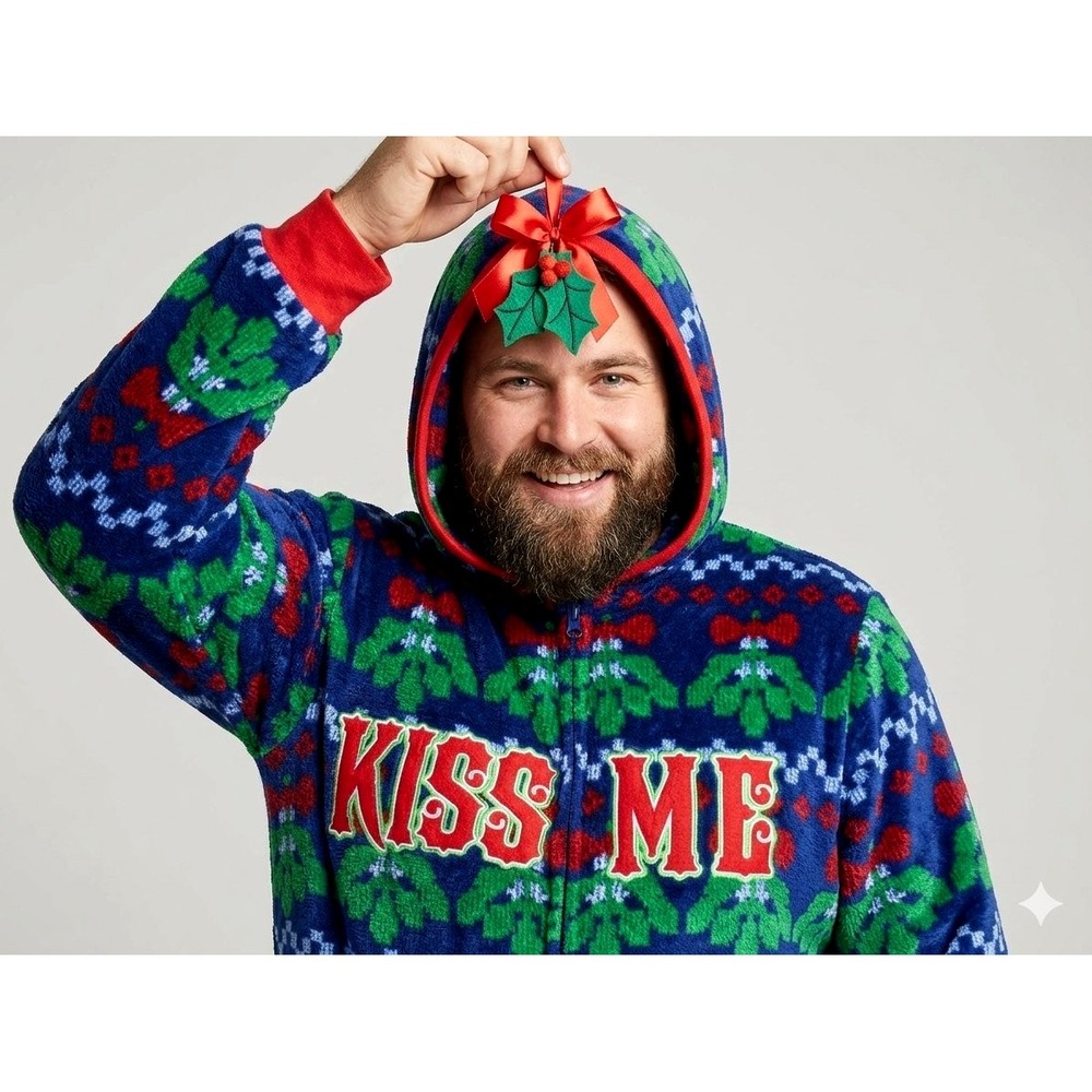 DEC 25TH Fleece UNION SUIT PAJAMAS One-Piece MISTLETOE CHRISTMAS "Kiss Me" Sz M